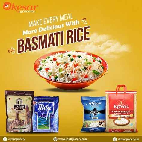 Basmati is a fragrant, nutty-tasting long-grain rice grown in the Himalayas. It’s a staple in many Indian dishes and is relished worldwide. Make every recipe mouth-watering and more delicious with Basmati Rice! That adds a pinch of aromatic flavor and texture to all your meals! Available at @kesargroceryusa, a brand you can trust. #basmatirice #basmati #rice #longgrainrice #whiterice #brownrice #kohinoor #tildabasmatirice #royalbasmatirice #indiagatebasmatirice Basmati Rice Creative Ads, Rice Advertising Design, Rice Advertising, Rice Branding, January Design, Rice Brands, Rice Packaging, Indian Grocery Store, India Gate