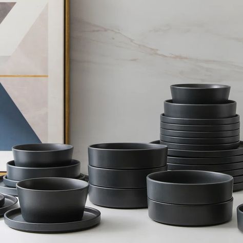 Stone Lain Stoneware Dinnerware Set - Service for 4 & Reviews | Wayfair Stone Lain Dinnerware, Cool Dinnerware Sets, Stoneware Dinnerware Sets Modern, Black Kitchenware Aesthetic, Kitchen Dinnerware Ideas, Kitchenware Aesthetic, House Utensils, Black Dishes, Modern Cups