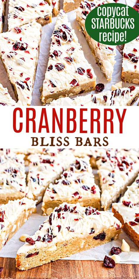 Just like the one you love from the big coffee chain! Everyone loves Cranberry Bliss Bars and with this recipe you can impress your friends with tasty treats without breaking the bank. Chewy blondie base with a cream cheese frosting! Bliss Bars Starbucks, Starbucks Pastries, Cranberry Bliss Bars Recipe, Cranberry Bliss Bars Starbucks, Bliss Bars, Cranberry Bliss, Bliss Bar, Cranberry Bars, Cranberry Dessert