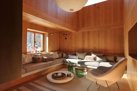 Klosters chalet Shed Spa, Alpine Interior Design, Swiss Chalet Interior, Alpine Interior, Oak Cladding, Larch Cladding, Alpine Chalet, Wooden Terrace, Chalet Interior