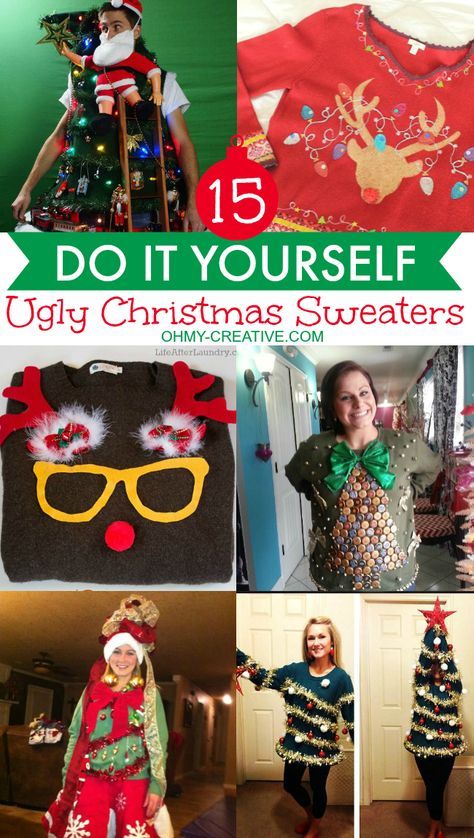 15 Do It Yourself Ugly Christmas Sweaters you can make! Get creative and make your own Ugly Christmas Sweater with these 15 inspiring ideas! Homemade Ugly Christmas Sweater, Diy Christmas Sweater, Ugly Sweater Diy, Diy Ugly Christmas Sweater, Tacky Christmas Sweater, Hallowen Ideas, Ugly Xmas Sweater, Tacky Christmas, Christmas Sweater Party