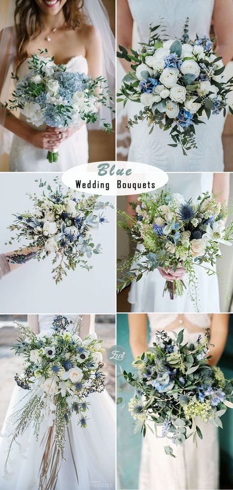 Bouquet Wedding Dusty Blue, Blue Bridal Flowers Bouquet, Spring 2023 Wedding Flowers, Wedding Bouquets Summer Blue, Bouquets For Blue Bridesmaids Dresses, Flowers For Summer Wedding, Something Blue Quotes Wedding, Wedding Bouquet Colors, Something Blue Flowers