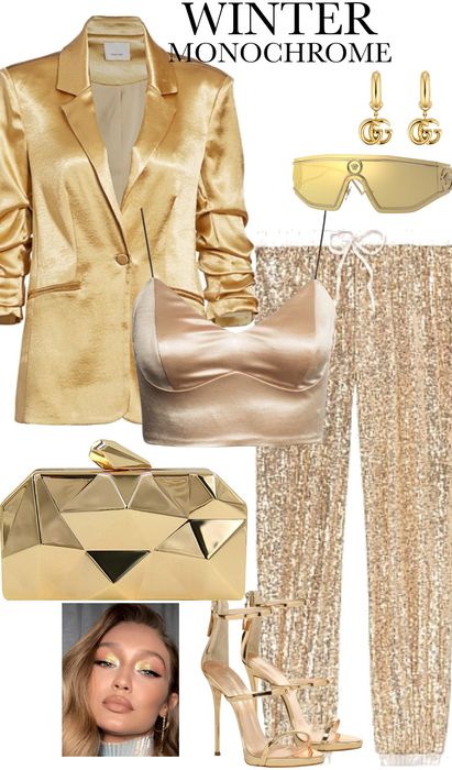 Goldmonochrome Outfit | ShopLook Gold 2 Piece Outfit, Gold Two Piece Outfit, Golden Outfit Aesthetic, Glitz Outfit, Gold Outfits For Women, Gold Outfit Ideas, Boss Attire, Glam And Glitz, Golden Outfit