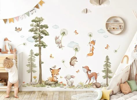 XXL Sticker Set Forest Animals Wall Sticker for Children's Room Dandelion Animals Wall Tattoo for Baby Room Wall Sticker Decoration Self-adhesive DK1137 - Etsy Nursery Ideas Cartoon, Woodland Wall Stickers, Tattoo For Baby, Woodland Nursery Decals, Nursery Ideas Woodland, Baby Nursery Murals, Woodchip Wallpaper, Animal Wall Painting, Baby Room Wall Stickers