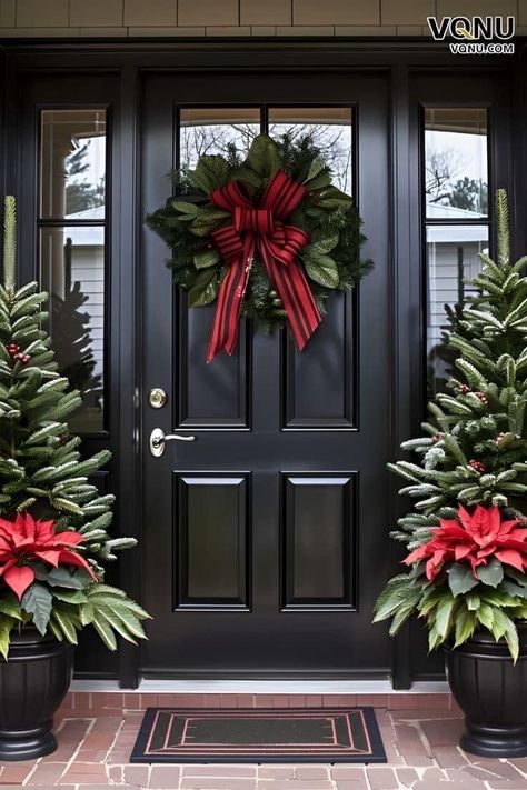 Front Door Christmas Wreaths Diy, Double Christmas Trees, Double Front Door Wreath Ideas, Front Door Christmas Trees, Double Wreaths For Front Door, Double Door Wreath Ideas Christmas, Christmas Tree Front Porch Ideas, Christmas Trees Front Porch, Poinsettia Front Porch Decor