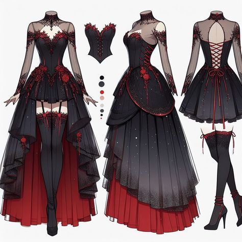 Villain Dress Drawing, Outfit Fantasy Design, Outfit Ideas For Characters, Magical Outfits Drawing, Villainess Dress, Character Outfits Female, Character Clothing Ideas, Villian Dress, Mystical Dresses