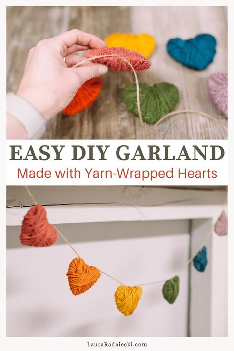 Yarn Heart Garland, Yarn Wrapped Hearts, Yarn Hearts Diy, Elderly Games, Diy Heart Garland, Elderly Activities Crafts, Cardboard Heart, Yarn Hearts, Yarn Garland