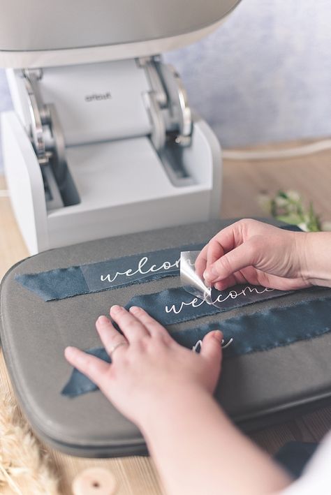 How to iron on silk ribbon with Cricut Autopress Diy Cricut Bachelorette, How To Make A Bow With Silk Ribbon, Writing On Ribbon, Cricut Bachelorette Projects, Diy Wedding Jacket, Bachelorette Cricut, Cricut Ribbon, Diy Wedding Welcome Bags, Wedding Welcome Bag Ideas