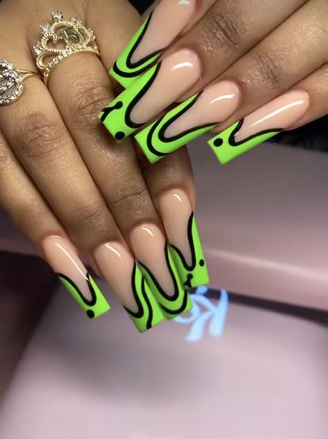 Green Spooky Nails, Black And Lime Green Nails, Lime Green Nail Designs, Slime Nails, Lime Green Nails, Nails Orange, Abstract Nails, Tapered Square Nails, Nails Yellow