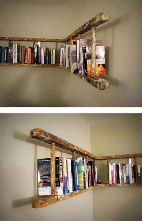 Horizontal Ladder Bookshelf | Easy DIY Bookshelf Ideas and Plans Interesting Shelving, Unique Bookshelves, Shelf Decor Bedroom, Creative Bookshelves, Diy Bookshelf, Cool Bookshelves, Ladder Bookshelf, Bookshelf Design, Bookshelves Diy