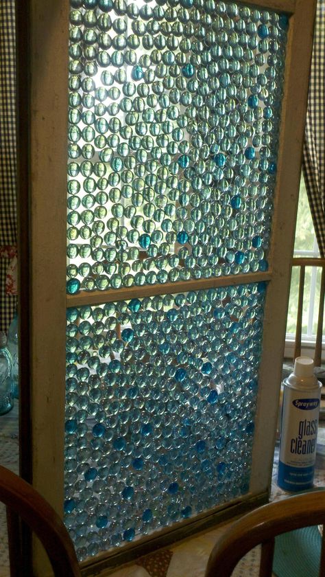 great idea!!  she bought an old window at the flea market and some flat glass beads, wallllaaaa.....faux stained glass, hanginging it outside on my porch Glass Pebbles, Bathroom Windows, Homestead Survival, Diy Window, Old Windows, Faux Stained Glass, Stain Glass, Diy Projects To Try, Stained Glass Windows