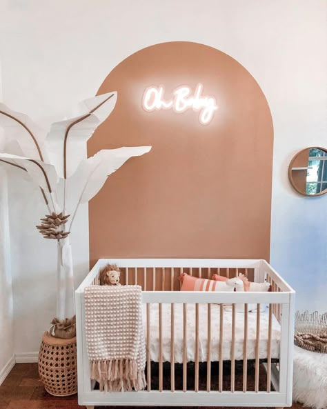 Olive Nursery, Boho Arch Wall, Nursery Gliders, Wall Decal Bedroom, Arch Wall Decal, Convertible Cribs, Boho Baby Nursery, Peach Paint, Nursery Accent Wall