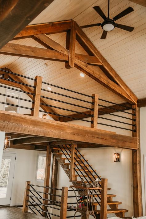 Loft Railing, Timber Frame Cabin, Cabin Loft, Barn Loft, Timber Frame Home, Rustic Loft, Home Cottage, Log House, Frame Structure