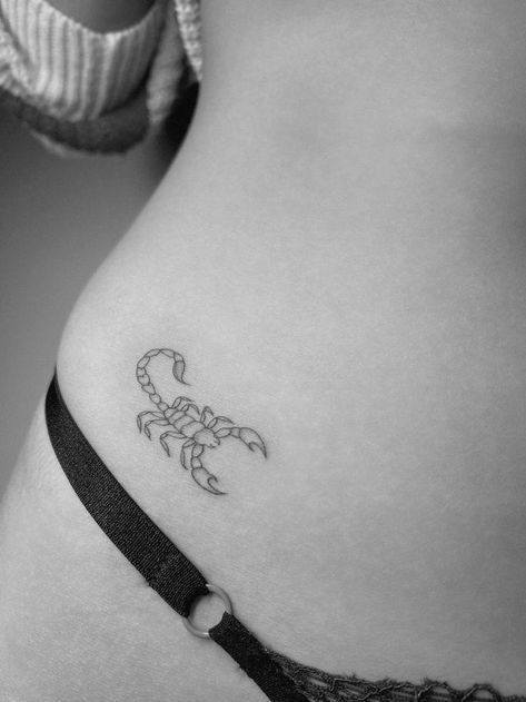 Scorpio Tattoo Scorpion, Tattoo Ideas For Scorpios, Behind Ear Scorpio Tattoo, Minimal Scorpion Tattoo, Scorpion Tatoos Girly, Dainty Scorpion Tattoo, Minimal Scorpio Tattoo, Scorpio Hip Tattoo, Scorpio Sagittarius Tattoo