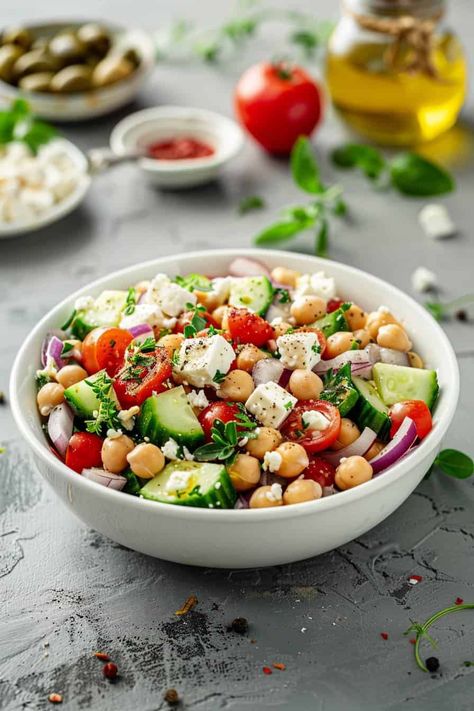 Bowl of Mediterranean Chickpea and Feta Salad with tomatoes, cucumbers, and olives, topped with herbs. Feta Cucumber Salad, Chickpea Feta Salad, Chickpea Feta, Feta Cucumber, Feta Tomato, Greek Chickpea Salad, Mediterranean Chickpea, Salad With Tomatoes, Greek Chickpeas