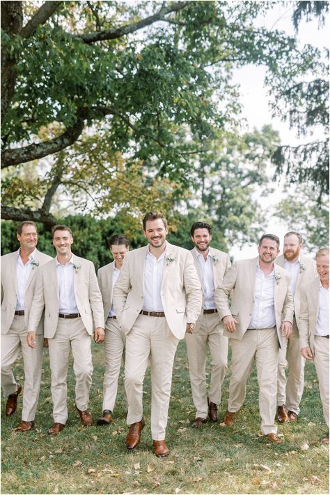 Relaxed, classic groomsmen attire for a summer wedding. Beige suites and white shirts with brown shoes-the perfect combination! Wedding Inspiration for the groom. #groomsuit #beigesuit #groomstyle #groomsmensuits Pale Yellow Groomsmen Attire, Light Khaki Groomsmen Attire, Groomsmen Chinos White Shirts, Khaki Suit Groomsmen, Groomsmen Attire Light Brown, Groomsmen Attire Cream Suits, Tan Wedding Groomsmen, Mens Khaki Suit Wedding, Khaki Mens Wedding Attire