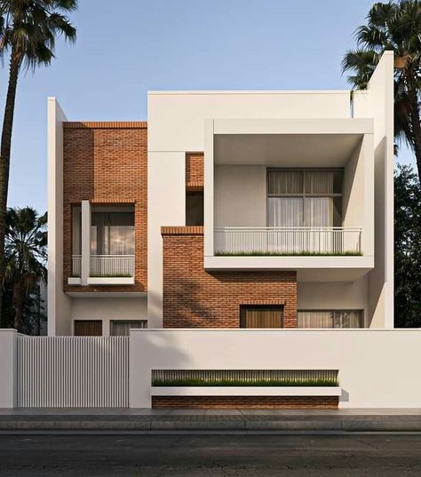 Minimal Elevation Architecture, Duplex Bunglow Elevation Modern, Minimal House Elevation, Contemporary Villa Elevation, Balcony Elevation Ideas, Minimal Elevation Design, 40×60 House Elevation, 30x60 House Elevation Design, Bunglows Design Modern