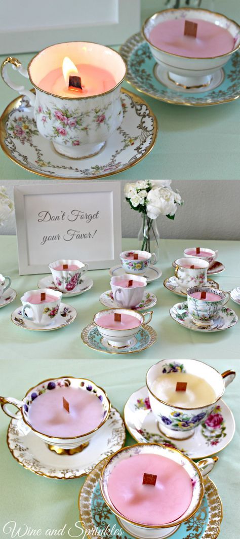 There is nothing that adds a fun vintage flair to a shower quite like these DIY teacup candles. And they are so versatile! I will be using them for a Beauty and the Beast themed bridal shower, but they could just as easily be used for a tea party, Jane Austen Shower, or Mother’s Day Brunch! Flower Tea Party Decorations, Tea Party Themed Brunch, Tea Cup Bridal Shower Favors, Modern Tea Party Decor, Tea Pot Centerpiece Bridal Showers, How To Open A Tea Room, Tea Party Party Ideas, Tea Party Bridal Shower Balloon Arch, Yea Party Favors