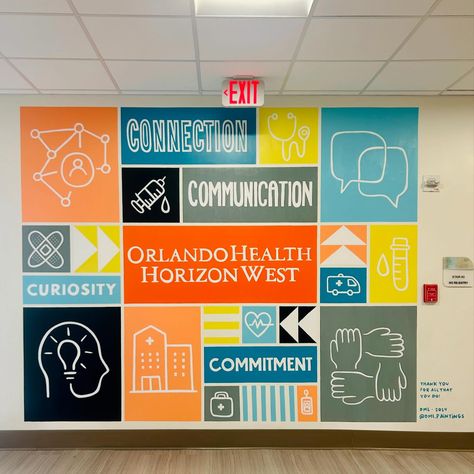 New mural for all the healthcare heroes over at @orlandohealth Horizon West, thank you for all that you do! 🧡🏩 Business Mural, Computer Lab Decor, Lab Decor, Collaborative Mural, Mural Inspiration, Painting Teacher, Office Mural, Healthcare Heroes, Teachers Lounge