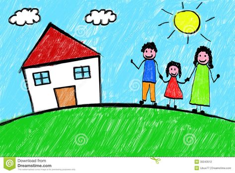 Family House Freehand Child  Drawing - Download From Over 38 Million High Quality Stock Photos, Images, Vectors. Sign up for FREE today. Image: 35043512 Sunny Day Illustration, Windows Sketch, Drawing A House, Family Picture Drawing, Drawing With Crayons, Teddy Drawing, Big Family House, Cool Drawings For Kids, House Drawing For Kids