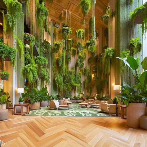 hotel lobby interior, clearly the client wanted loads of greens in sight Green Hotel Lobby, Biophilia Aesthetic, Green Lobby, Hotel Plants, Hotel Thailand, Tropical Table, Green Hotel, Green Wall Design, Lobby Hotel