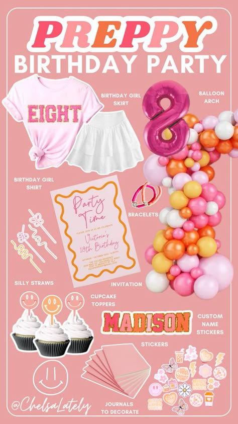 Pink Birthday Party Theme Ideas, Eighth Birthday Party Girl, 12th Birthday Party Ideas Girl, Preppy Party Decorations Ideas, Preppy Patchwork Party, Birthday Party Ideas 9 Girl, 8th Birthday Party Ideas For A Girl, Preppy Birthday Party Themes, 8th Bday Party Girl Birthday