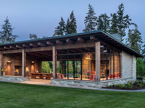 Case Study: Whidbey Fieldhouse by Hoedemaker Pfeiffer Field House, Garden Pavilion, Casa Country, Built In Bbq, Timber Structure, Built In Seating, Modern Architecture House, Pole Barn Homes, Residential Design