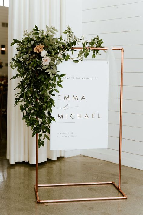 wedding decor Inspo | wedding color palettes | spring wedding colors |wedding | garden wedding | table setting inspo | cream and rust and yellow wedding colors Industrial Wedding Signage, Copper Wedding Sign Stand Diy, Industrial Wedding Welcome Sign, Neon Sign Holder Wedding, Wedding Welcome Sign Dried Flowers, Large Wedding Signs, Minimalist Wedding Decor, Wedding Ceremony Signs, Unplugged Wedding