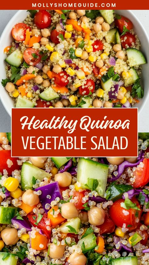 Looking for a nutritious and delicious meal idea? Try this flavorful quinoa vegetable salad recipe! Packed with protein, vitamins, and fiber, this salad is perfect for a healthy lunch or dinner. The combination of quinoa and fresh vegetables creates a satisfying dish that will keep you full and energized. Whether you're vegan, vegetarian, or just looking to eat more plant-based meals, this quinoa vegetable salad is a fantastic option. Chickpeas Quinoa Salad, Garbanzo Quinoa Salad, Vegetable Quinoa Bowl, Meal Prep Meals Vegetarian, Vegetable Based Diet, Raw Quinoa Recipes, Cold Quinoa Bowl, Vegetarian Salad With Protein, Quinoa Recipes Lunch Meal Prep