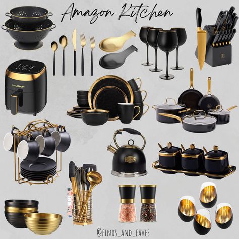 Black and gold kitchen decor from Amazon Black And Gold Kitchen Decor, Gold Kitchen Decor, Purple Kitchen Accessories, Black Kitchen Accessories, Black And Gold Kitchen, Decor From Amazon, White Kitchen Inspiration, Retro Kitchen Accessories, White And Gold Decor