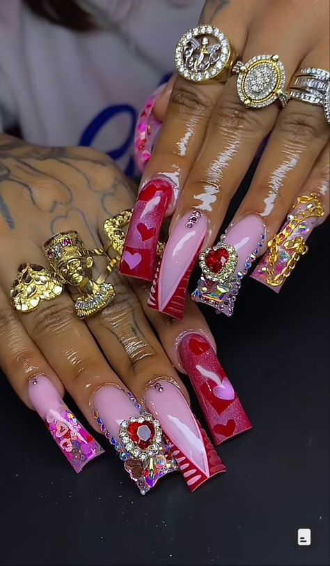 Duck Nails With Charms, Pink Duck Nails, Nails With Charms, Pink Duck, Huge Hair, Duck Nails, Nails Design With Rhinestones, Her Nails, Dope Nail Designs