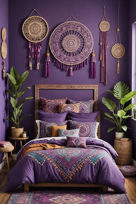 Purple Boho Bedding, Purple Room Ideas For Adults, Boho Purple Bedroom, Colorful Bohemian Bedroom Decor, Purple Boho Bedroom, Bedroom Inspirations Aesthetic, Magical Bedroom, Purple Wall Decor, Boho Bedrooms