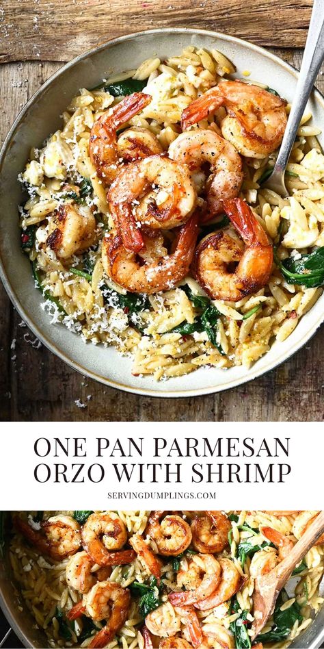 One Pan Parmesan Orzo with Shrimp Shrimp Orzo Dinner Recipes, Brussel Sprout And Shrimp Recipes, Orzo Shrimp Asparagus, Chicken And Shrimp Orzo, Easy Fast Shrimp Recipe, Shrimp Winter Recipes, Healthy Cajun Shrimp Pasta, Orzo Seafood Recipes, Seafood Orzo Recipes