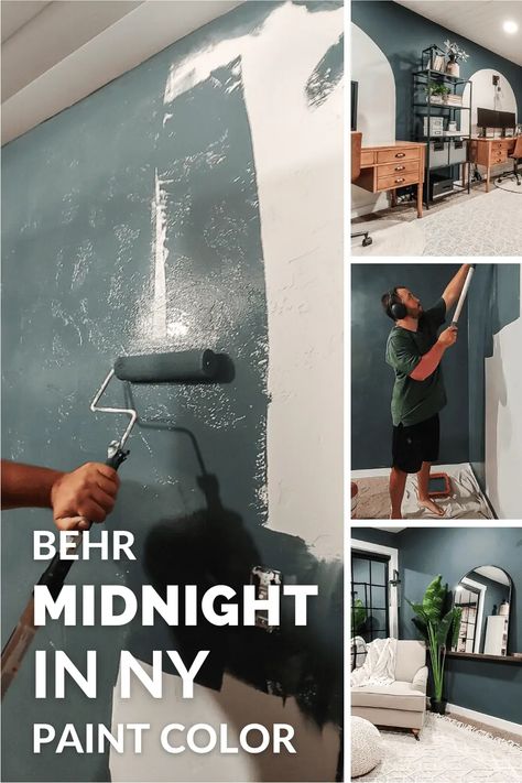 Behr Midnight in NY is a beautiful moody navy green that is the perfect shade for adding depth and drama to a room. Learn all about Behr Midnight in NY in this complete review. Behr New Navy Blue, Deep Teal Behr, Midnight In New York Behr Paint, Behr Paint Colors Black Evergreen, Behr Midnight Show, Midnight In New York Behr, Midnight Show Behr, Goodnight Moon Paint Color, Behr Dark Teal Paint Colors