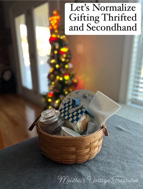 Normalize Gifting Thrifted Items Thrifted Basket Gift Ideas, Simple Christmas Gift Baskets, Thrift And Gift, Vintage Gift Basket Ideas, Thrift Store Gift Basket, Thrifted Christmas Gift Basket, Second Hand Christmas Gifts, Thrifted And Gifted, Thrifting Christmas Gifts