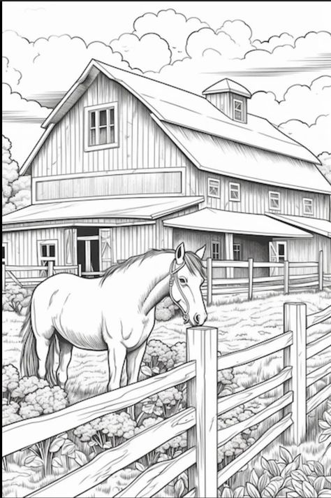 College Building Drawing, Farm Drawing Landscape, Barn Coloring Pages, Scenery Coloring Pages, Coloring Pages For Adults Unique, Farm Drawing, Barn Drawing, Horse Coloring Books, Horse Background