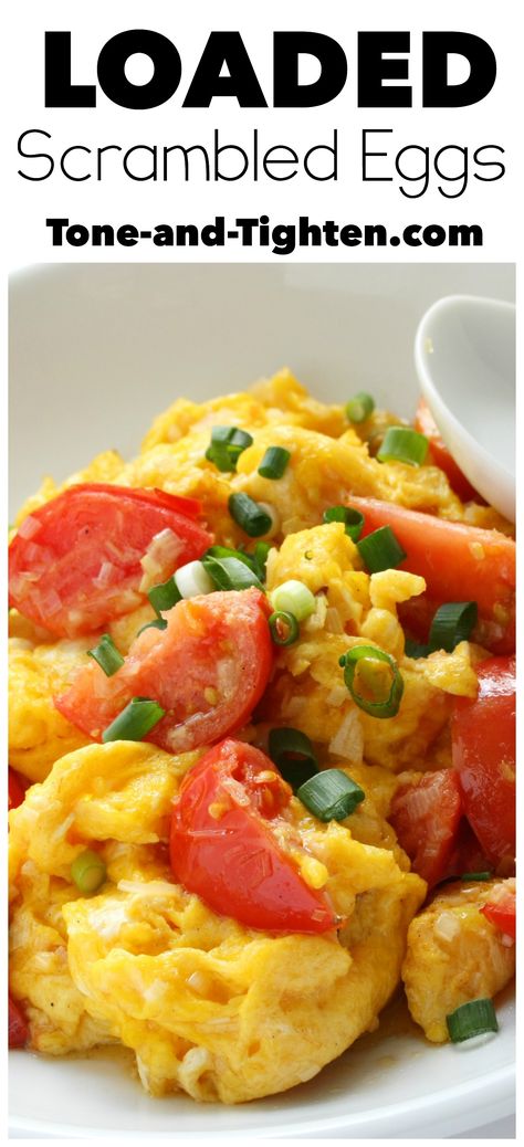 Loaded Scrambled Eggs on Tone-and-Tighten.com - the perfect combo of protein and vegetables! Loaded Scrambled Eggs, Scrambled Eggs Healthy, Eggs Breakfast Recipes, Scrambled Eggs Breakfast, Egg Recipes For Kids, Easy Scrambled Eggs, Breakfast Eggs Scrambled, Best Scrambled Eggs, White Recipes