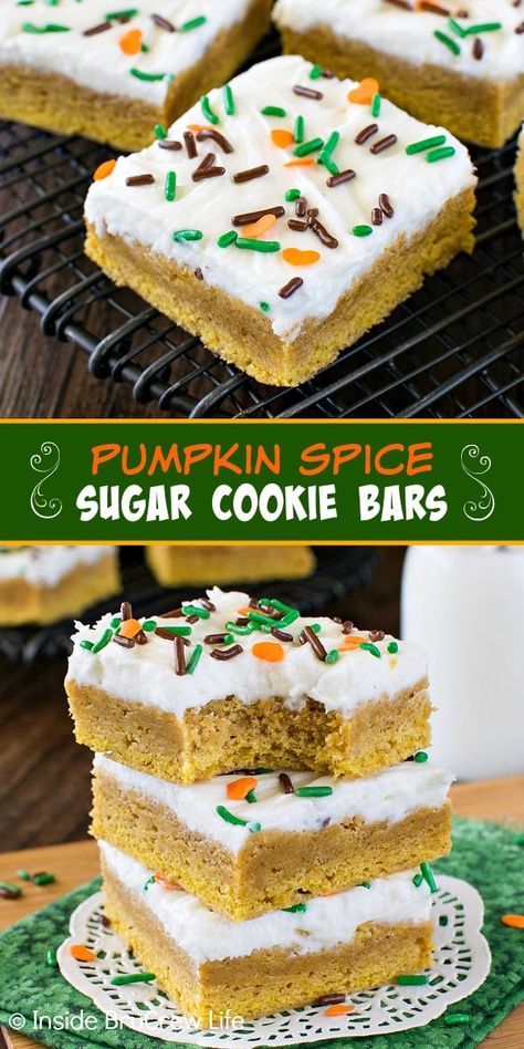 Pumpkin Spice Sugar Cookies Recipe, Fall Dessert Bar, Easy Pumpkin Bars, Pumpkin Spice Desserts, Pumpkin Spice Sugar Cookies, Pumpkin Sugar Cookies, Pumpkin Cookie Recipe, Pumpkin Eater, Pumpkin Recipes Easy