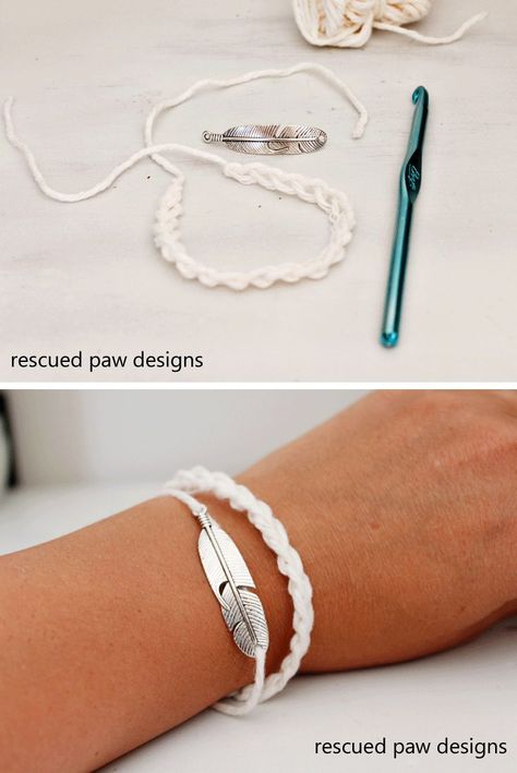 Crochet Bracelet Pattern - Rescued Paw Designs Crochet A Bracelet, Feather Crochet, Diy Crochet Bracelet, Crochet Bracelet Tutorial, Crochet Feather, Crochet Bracelet Pattern, Bracelet Crochet, Crochet Mask, Pattern Bracelet