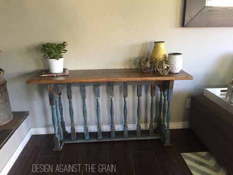 Repurposed console sofa table!! Made from a vintage banister. Old Banister Repurposed, Banister Craft Ideas, Repurposed Console Table, Baluster Repurpose, Repurposed Spindles, Spindles Repurposed, Spindle Projects, Spindle Ideas, Banister Ideas