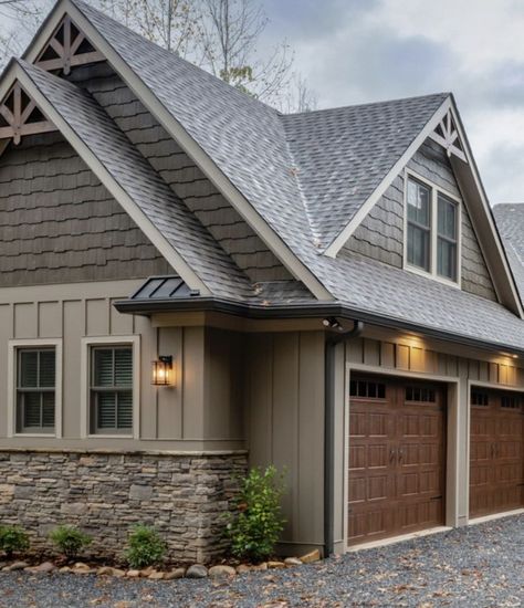 Exterior Paint Colors With Stone Accent, Garage Gable End Ideas, Brown Trim Exterior House, Dark Tan Exterior House Colors, Wide Siding Exterior, House Exterior Stone And Siding, 2024 Home Exterior, Brown Vertical Siding, Verticle Siding House