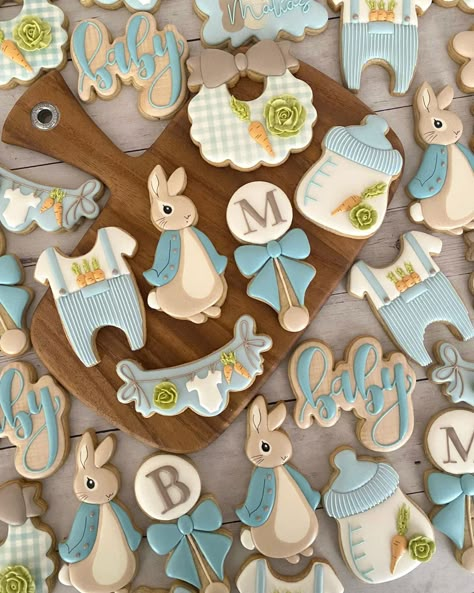 Rabbit Baby Shower Ideas, Peter Rabbit Baby Shower Ideas, Baby Shower Peter Rabbit, Bunny Baby Shower Theme, April Baby Shower, Peter Rabbit Theme, Rabbit Cookies, Rabbit Theme, Bunny Theme