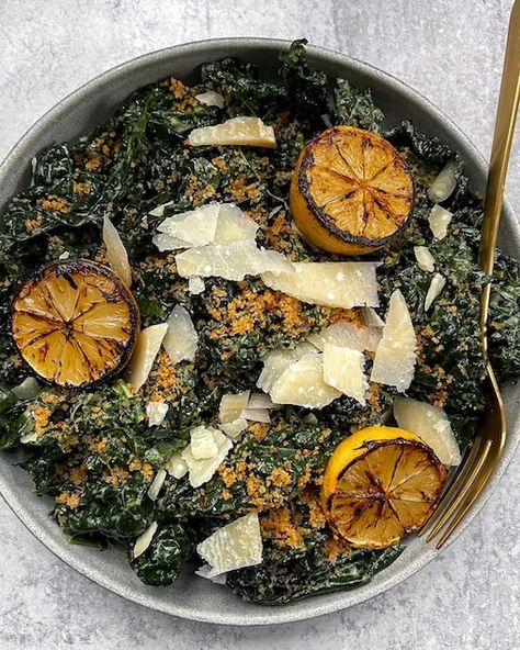 Roasted Garlic Kale Caesar with Spicy Breadcrumbs and Charred Lemon Italian Summer Dinner Party, Italian Summer Dinner, Spicy Bread, Charred Lemon, Lemon Kale Salad, Kale Salads, Soup Bar, Mini Fruit Tarts, Garlic Kale