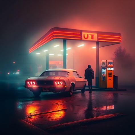 Car Neon Lights, Car Night Photography, Car At Gas Station At Night, Cinematic Car Shots, Driving Photoshoot, Car Light Photoshoot, Gas Station Photoshoot Night, Night Car Photography, Old School Car Photoshoot