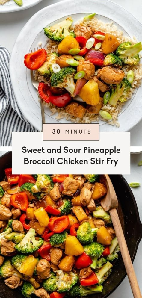 Wonderful pineapple broccoli chicken stir fry with a flavorful sweet and sour sauce. This easy pineapple chicken stir fry recipe takes just 30 minutes to make for the best, veggie & protein-packed weeknight dinner! Serve with rice or quinoa for an amazing meal. #stirfry #chicken #healthydinner #glutenfree #mealprep Broccoli Chicken Stir Fry, Pineapple Chicken Stir Fry, Chicken Broccoli Stir Fry, Stir Fry Rice, Broccoli Chicken, Stir Fry Recipes Chicken, Ambitious Kitchen, Best Meal Prep, Protein Packed Meals