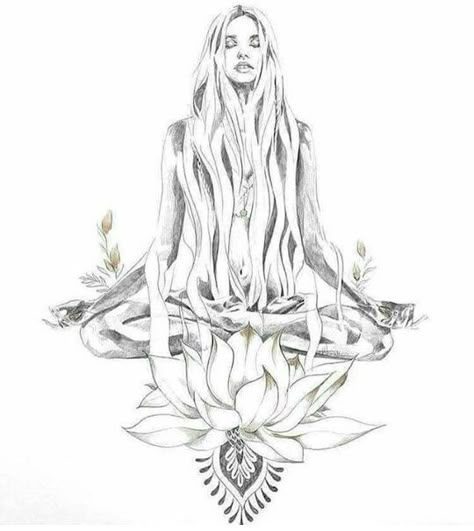 Yoga Lady Tattoo, Free Spirit Woman Tattoo, Air Goddess Tattoo, Meditating Woman Tattoo, Woman Meditating Drawing, Spiritual Sketches, Tattoo Indien, Image Zen, Yoga Kunst