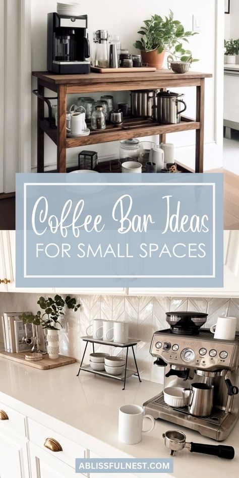 Don't let limited space cramp your coffee-loving style! Coffee bar ideas for small spaces can help you maximize your area while still enjoying your favorite brews. Think vertical storage, multi-functional furniture, and clever organization to make the most of every inch. #smallkitchen #coffeelover #coffeecornerideas Wall Mount Coffee Bar, Style Coffee Bar, Shelves On The Wall, Coffee Bar Cart, Coffee Bar Ideas Kitchen Counter, Coffee Organization, Coffee Station Kitchen, Coffee Bar Station, Diy Coffee Bar