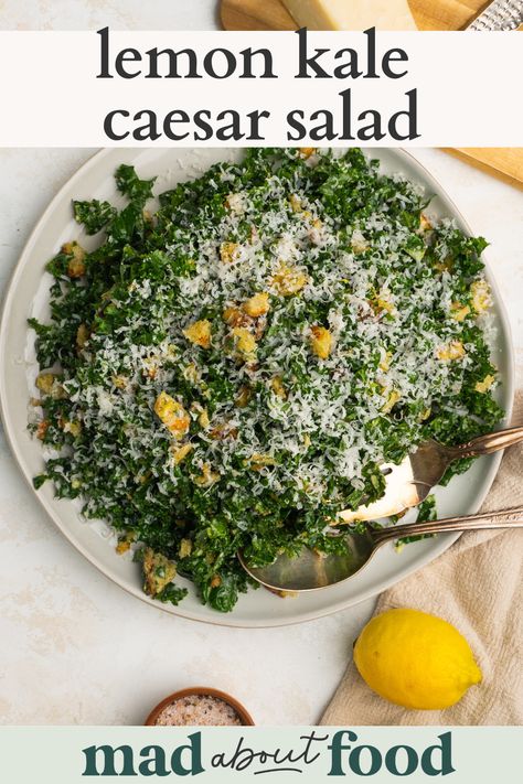 Make a flavorful Lemon Kale Caesar Salad for the perfect side salad. Massage kale in a simple homemade lemon caesar dressing and top with lemon zest and parmesan cheese. Kale Cesar Salad, Massage Kale, Lemon Kale Salad, Awesome Salads, Lemon Kale, Kale Caesar, Lemon Salad, Kale Caesar Salad, Side Salad Recipes