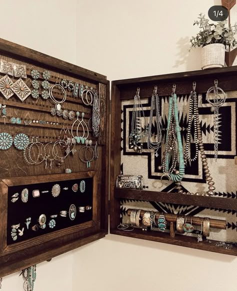 Western Jewelry Wall Hanger, Jewelry Organizer Western, Diy Country Jewelry Holder, Western Jewelry Armoire, Western Jewelry Cabinet, Jewelry Hanging Ideas, Diy Wood Jewelry Display, Western Storage Ideas, Western Jewelry Organizer