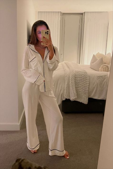 Pyjama shirt and bottoms curated on LTK Victorias Secret Pajama Set Aesthetic, Silk Pjs For Women, Pyjama Trousers Outfit, Winter Pyjama Aesthetic, Victoria Secret Pjs Aesthetic, Silk Pyjama Aesthetic, Old Money Pyjamas, Pj Pictures Photo Ideas, Matching Pj Set Aesthetic